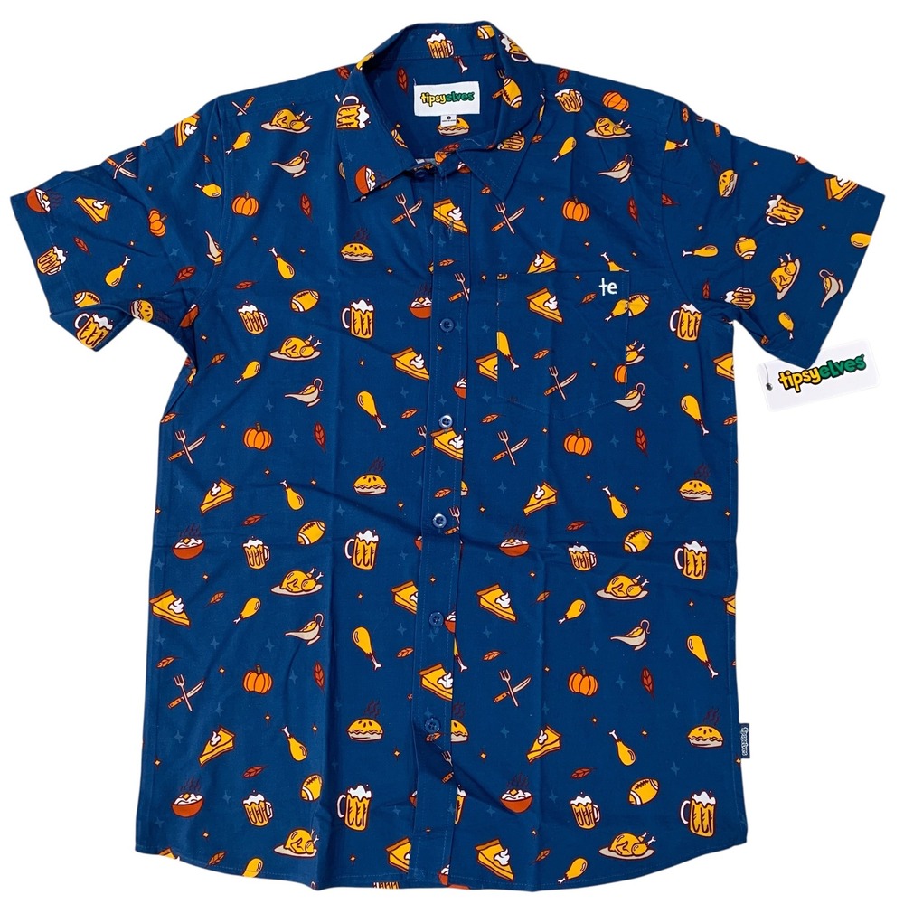 Tipsy Elves Mens Thanksgiving Button Down Shirt Small Football Beer Turkey NWT